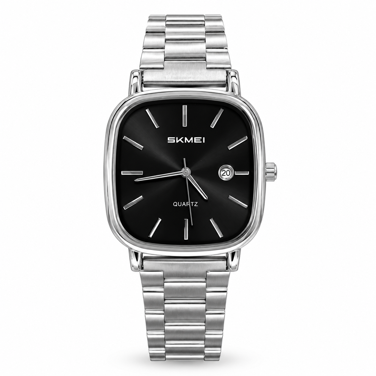 SKMEI square cushion watch with black dial, date window, and silver stainless steel bracelet.