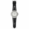 Silver cushion dress watch with white textured dial, silver indices, and black leather strap.