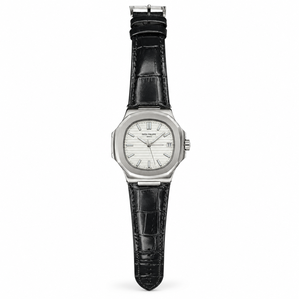 Silver cushion dress watch with white textured dial, silver indices, and black leather strap.
