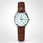 Silver classic dress watch with white dial, Arabic day-date window, silver indices, and brown leather strap.