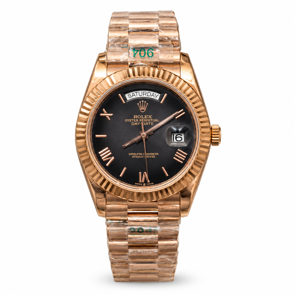 Premium rose gold automatic day-date watch with black Roman numeral dial, fluted bezel, and rose gold president bracelet