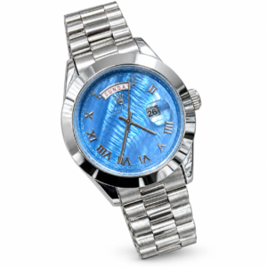 Silver Classic Watch – Blue Roman Dial & Day-Date (Multiple Colors)