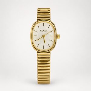Gold Oval Ladies Watch – White Textured Dial & Expanding Bracelet