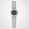 Silver chronograph style watch with black dial, two sub-dials, and grey leather strap.