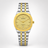 Bestwin slim two-tone watch with gold textured dial, date window, and silver and gold steel bracelet.