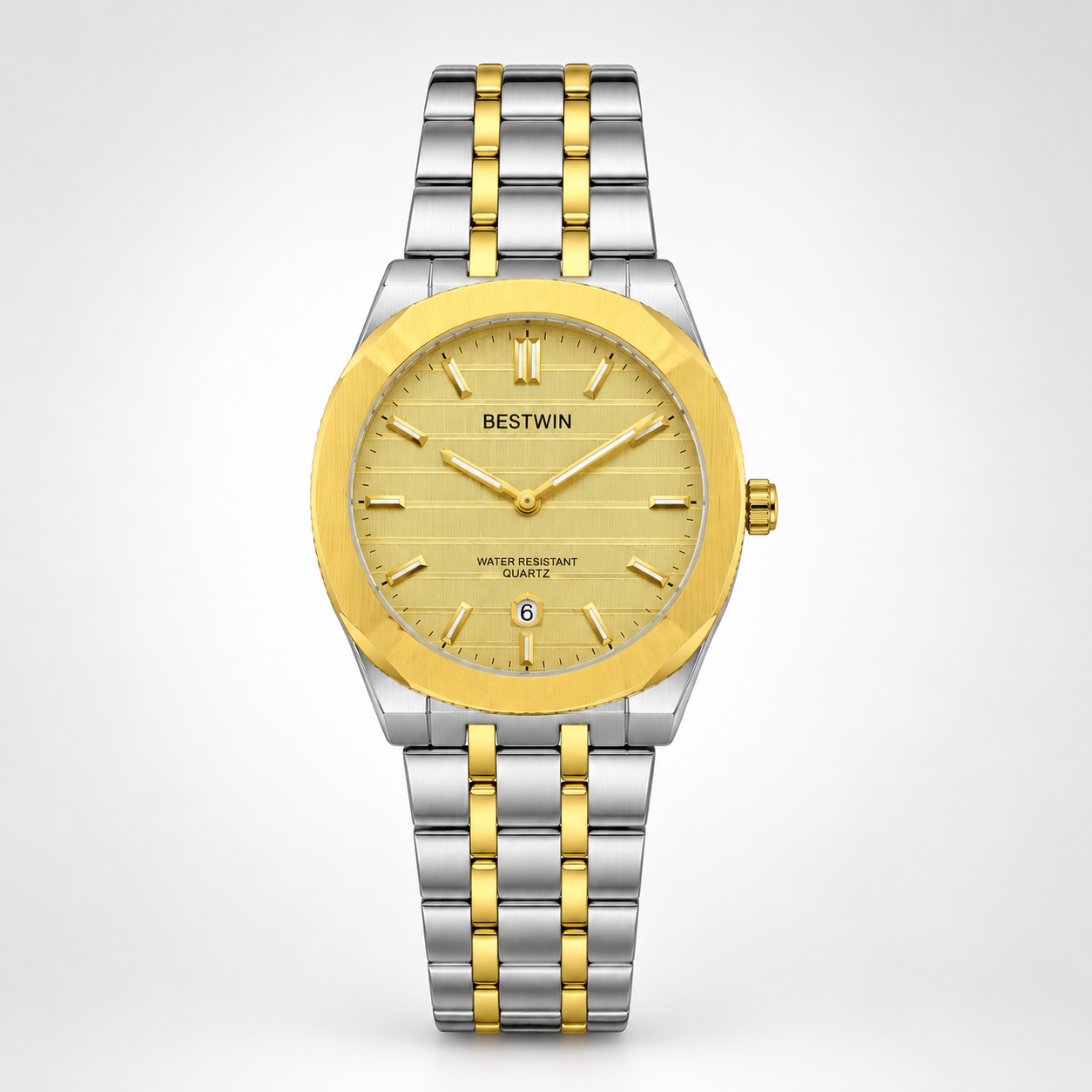 Bestwin slim two-tone watch with gold textured dial, date window, and silver and gold steel bracelet.
