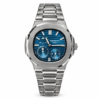 Premium high-grade silver automatic watch with blue textured dial, silver indices, date window, and stainless steel integrated bracelet