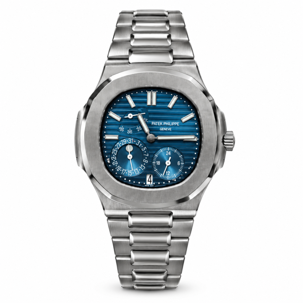 Premium high-grade silver automatic watch with blue textured dial, silver indices, date window, and stainless steel integrated bracelet