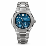Premium high-grade silver automatic watch with blue textured dial, silver indices, date window, and stainless steel integrated bracelet