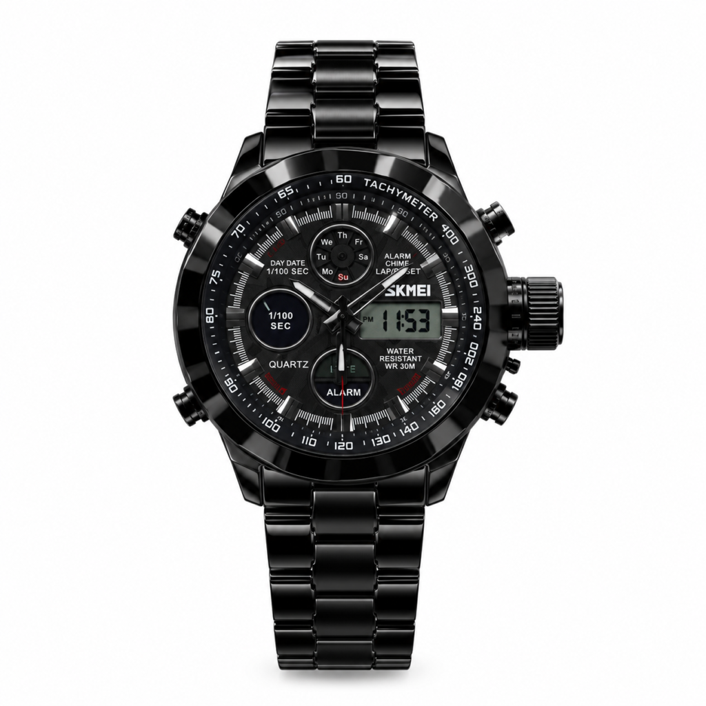 SKMEI 1515 analog-digital watch with black stainless steel bracelet, tachymeter bezel, and chronograph functions.