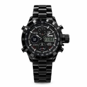 SKMEI 1515 Analog-Digital Watch – Black Steel Bracelet & Tachymeter
