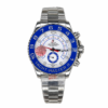 Premium automatic regatta watch with white dial, blue bidirectional bezel, and stainless steel bracelet