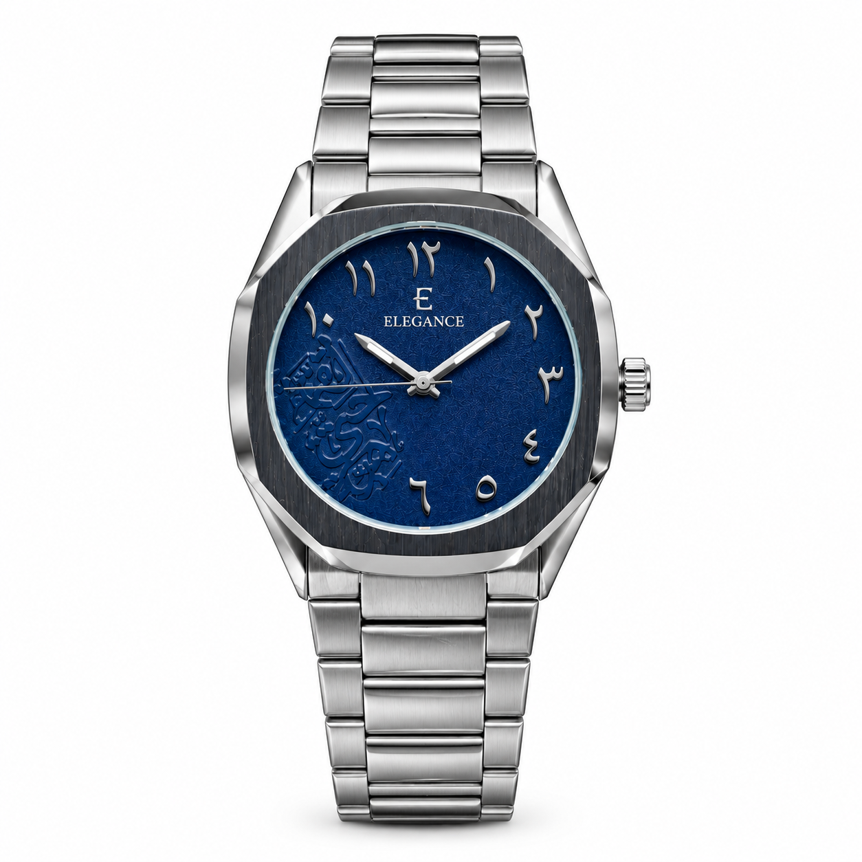 Elegance watch with blue Arabic numeral dial, calligraphy motif, and silver stainless steel bracelet.